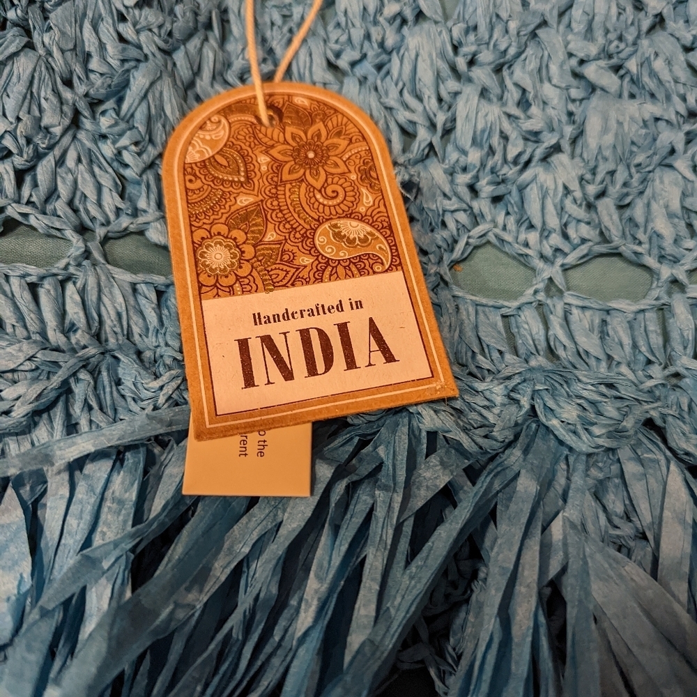 Handcrafted Blue Raffia Fringe Tote Bag - India - Picture 10 of 10